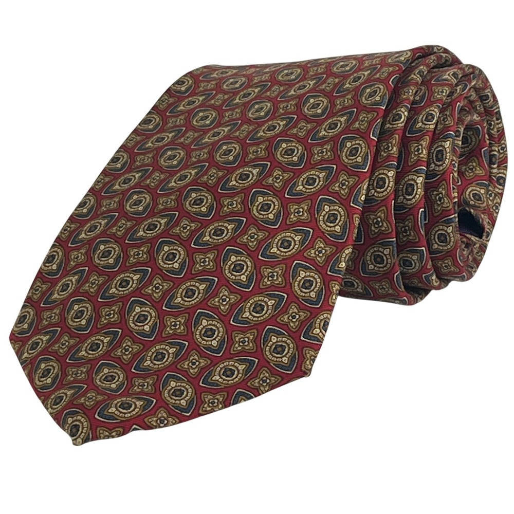 Bert‎ Pulitzer Repp Silk Tie Red Blue Gold Medallion Geometric Imported Fabric